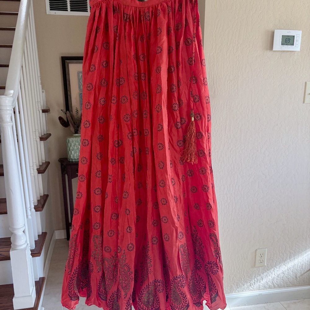 J Peterman Co Long Silk Full Boho Orange Artsy Design Skirt Tassel Tie 10